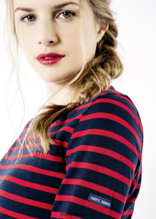 Breton stripete skjorte med langermet myk bomullspassform Saint James minquidame marine/rød kvinner 8ZH04V10