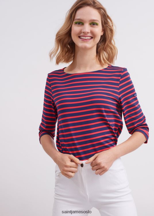 båthals stripet tunika med splitter stretchstoff med uv-beskyttelse Saint James Phare marine/mandarin unisex 8ZH04V11