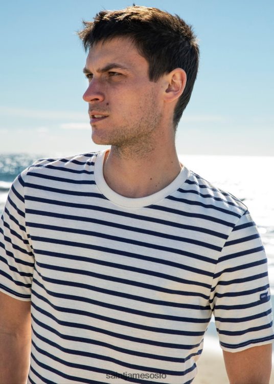 bretonsk t-skjorte med rund hals 100% bomull Saint James ploider ecru/marine menn 8ZH04V142