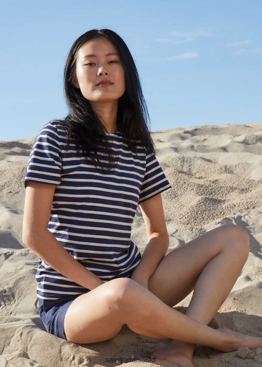 nautisk stripete t-skjorte med korte ermer i myk bomullspassform Saint James etrille marine/ecru kvinner 8ZH04V64